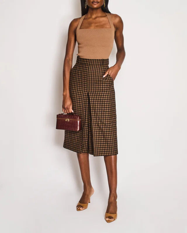 Saint Laurent Brown Houndstooth Pleated Culottes Size FR 36 (UK 8) in Brown Wool from Sellier