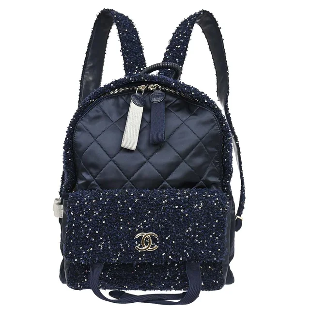 Chanel 2017-2018 Navy Tweed Nylon Sequins Astronaut Essentials Backpack in Navy Nylon from AMORE Vintage Tokyo