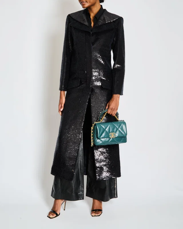 Chanel 2018 Metiers d'Art Black Sequin Maxi Pea Coat with Logo Detail Ruthenium Buttons Size FR 34… in Black Silk from Sellier