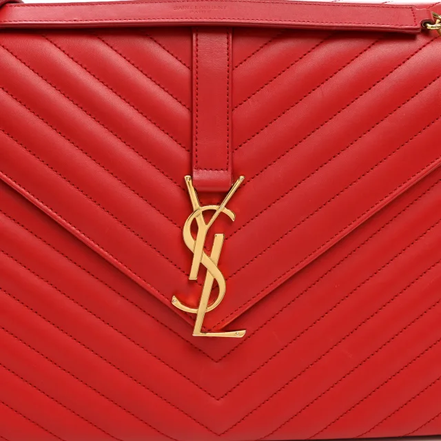 Saint Laurent Smooth Calfskin Matelasse Chevron Large Monogram Satchel Lipstick Red in Red Calfskin from FASHIONPHILE, photo 7 of 11