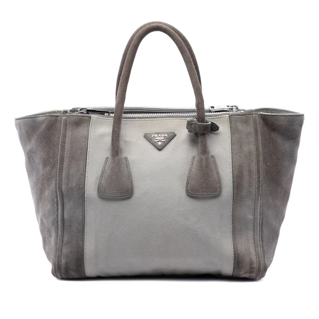 Gray Prada Scamosciato and Canapa Twin Pocket Double Handle Satchel in Grey Suede from Designer Revival