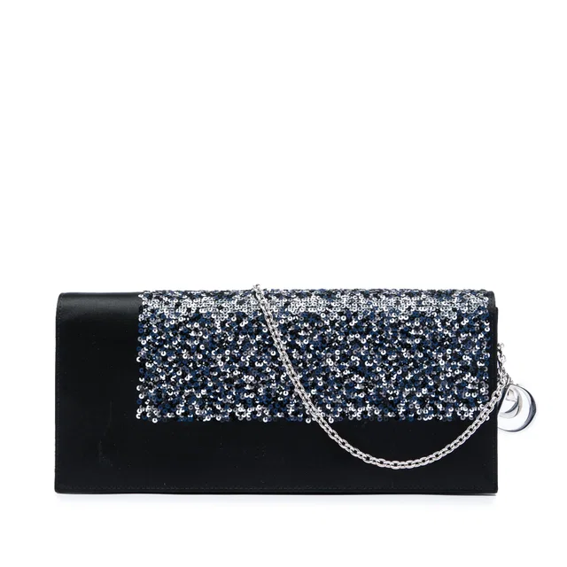 Black Dior Satin Sequin Clutch with Chain Crossbody Bag in Black Satin from Designer Revival