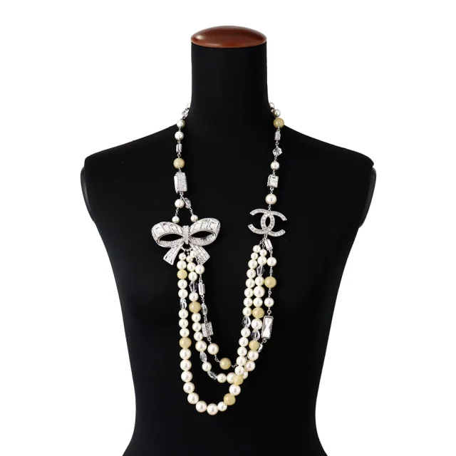 Chanel CC Logo Ribbon Motif Necklace Metal Rhinestone Faux Pearl from GALLERY RARE, photo 4 of 17