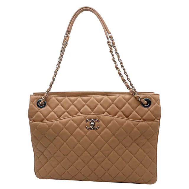 Chanel Zip Large Quilted Lambskin Leather Tote Bag Beige in Beige Lambskin from Dallas Designer Handbags