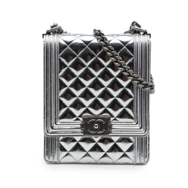 Silver Chanel Quilted Metallic Calfskin North South Boy Flap Crossbody Bag in Silver Calfskin from Designer Revival, photo 1 of 1