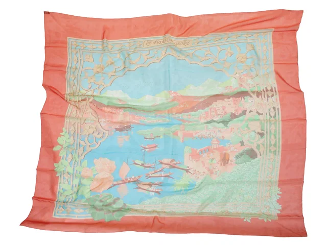 Peach & Multicolor Hermes Le Fleuve Sacre Motif Silk Scarf in Multicolor Silk from Designer Revival