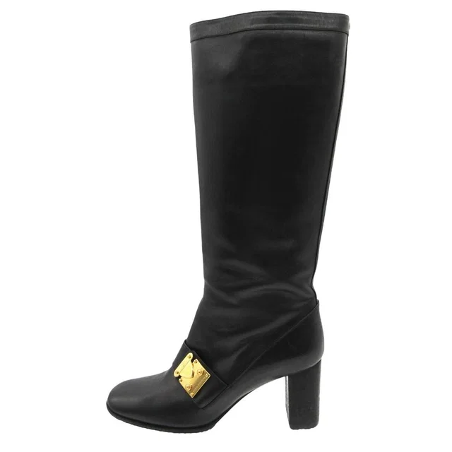 Louis Vuitton Boots Gold Buckle Leather Long Shoes Chunky Heel Side Zip Black in Black Leather from The Reluxe