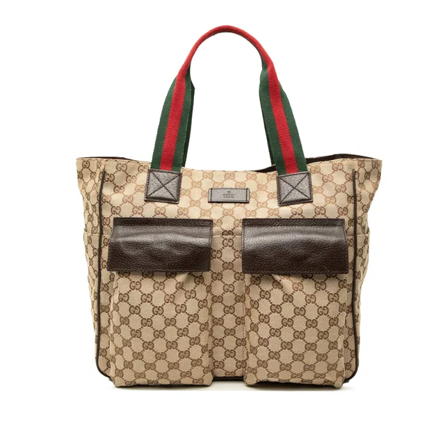 Beige Gucci GG Canvas Web Double Pockets Tote in Beige Canvas from Designer Revival