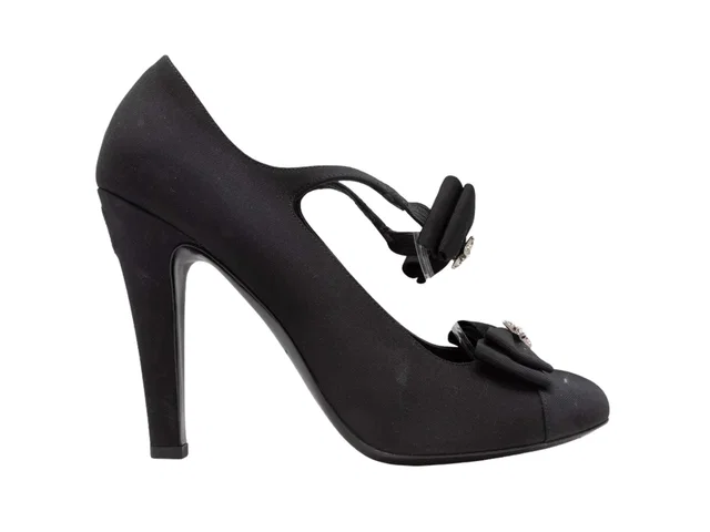 Chanel Crystal-Embellished Bow Mary Jane Pumps Size 42 in Black from Designer Revival