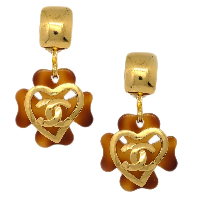 Chanel Clover Dangle Earrings Gold Clip-On 95P in Gold Resin from AMORE Vintage Tokyo