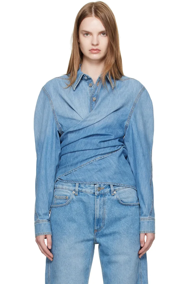 Mugler Blue Wrapped Chambray Shirt, image 1 of 1 from SSENSE