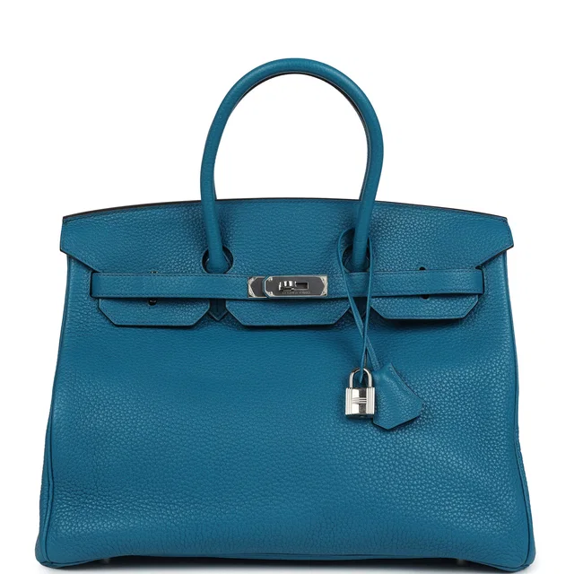 Hermès Birkin 35 Bleu Izmir Verso Clemence Palladium Hardware in Blue Clemence leather from Madison Avenue Couture