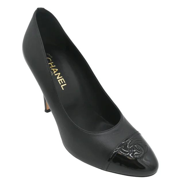 Chanel Black Leather CC Cap-Toe Pumps in Black Leather from Clotheshorse Anonymous