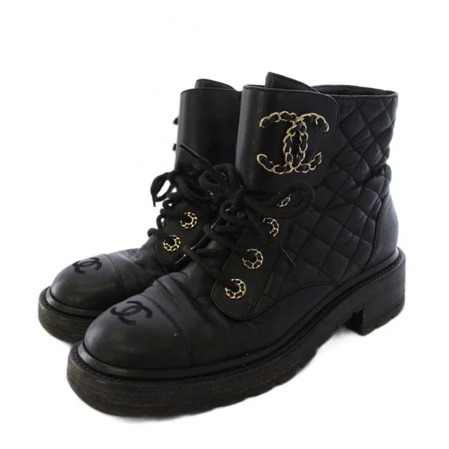 Chanel Short Boots CC Logo Quilted Lace Up Leather c Black 38 in Black Leather from The Reluxe