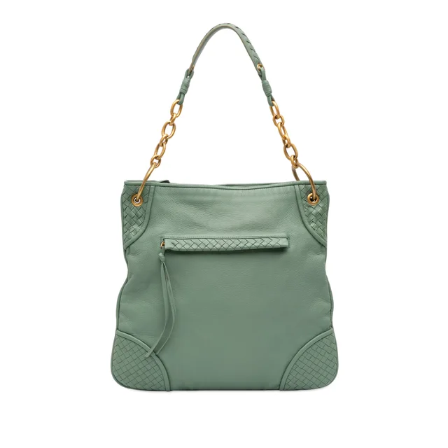 Green Bottega Veneta Intrecciato Trimmed Leather Shoulder Bag in Green Woven leather from Designer Revival