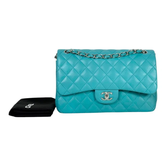 Chanel Turquoise Classic Flap Jumbo in Lambskin in Blue Lambskin from Luxury Promise