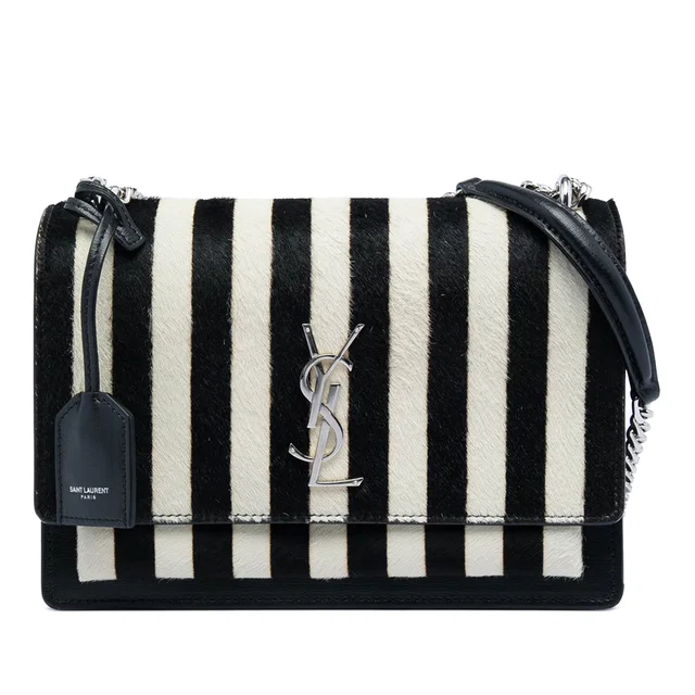 Black Saint Laurent Medium Striped Ponyhair and Calfskin Monogram Sunset Crossbody in Black Calfskin from Designer Revival