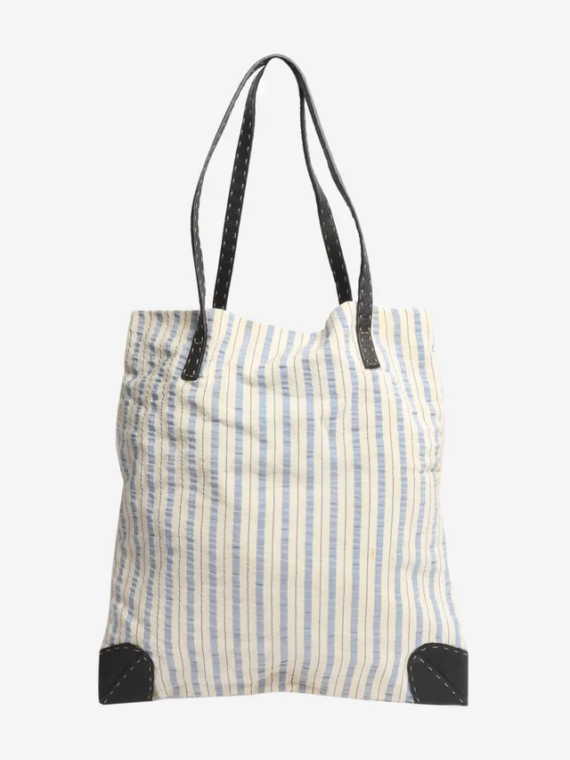 Fendi Cream and blue striped tote bag in White Silk from Sign of the Times
