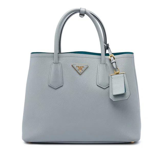 Gray Prada Medium Saffiano Cuir Double Satchel in Grey Saffiano leather from Designer Revival