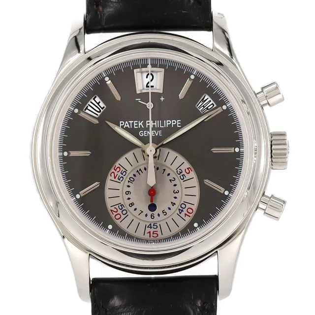 Patek Philippe Annual Calendar Chronograph PT 5960P-001 PT Automatic in Dial color: Gray Band color: black Case: PLATINUM Bracelet: Strap from KOMEHYO