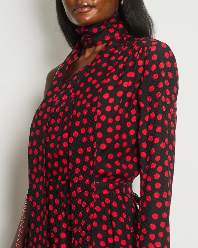 Saint Laurent Black, Red Polkadot Silk Off-Shoulder Midi Dress With Scarf Size FR 40 (UK 12) in Black Silk from Sellier, photo 5 of 5