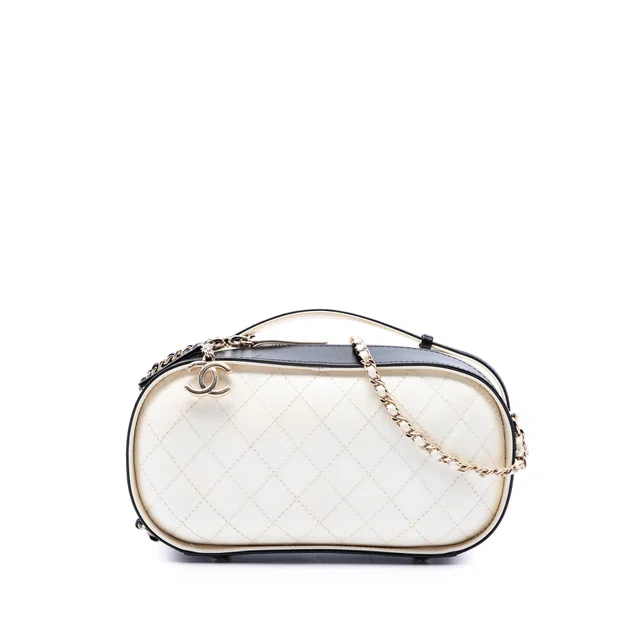 White Chanel CC Quilted Crumpled Calfskin Vanity Case Satchel in White Calfskin from Designer Revival