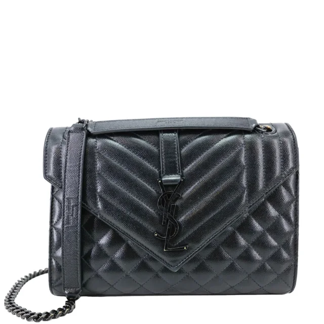 Saint Laurent Envelope Flap Mixed Matelasse Grain De Poudre Chain Shoulder Bag Black in Black Leather from Dallas Designer Handbags