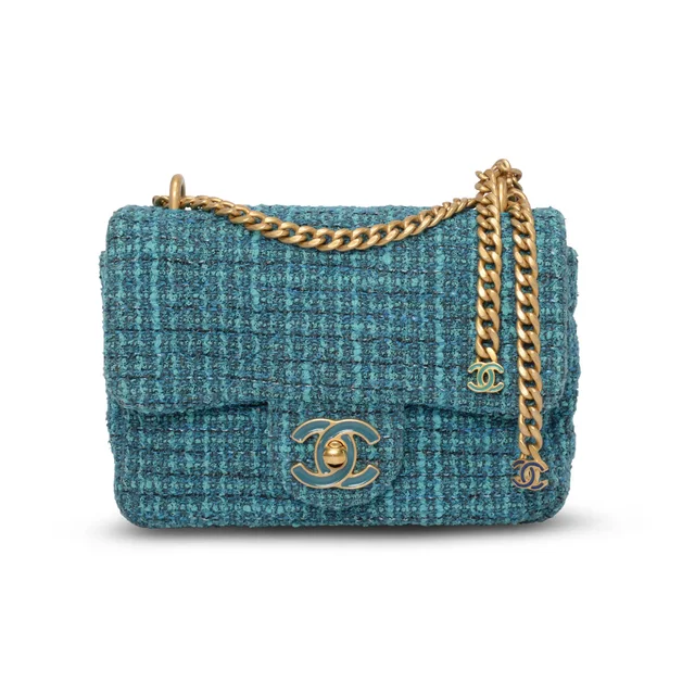 Chanel CC Tassel Mini Bag in Teal Tweed from Blue Spinach