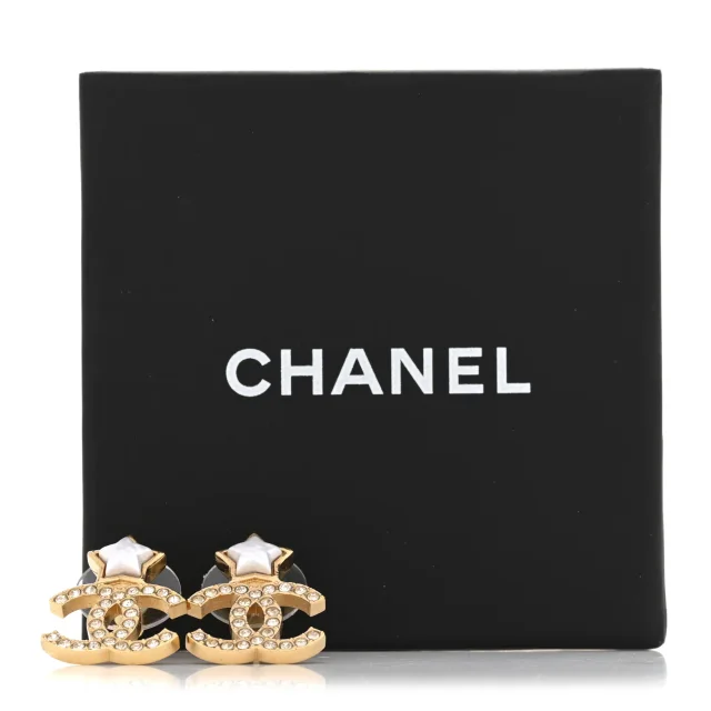 Chanel Metal Crystal Pearl CC Star Earrings Gold Pearly White in White from FASHIONPHILE, photo 5 of 5