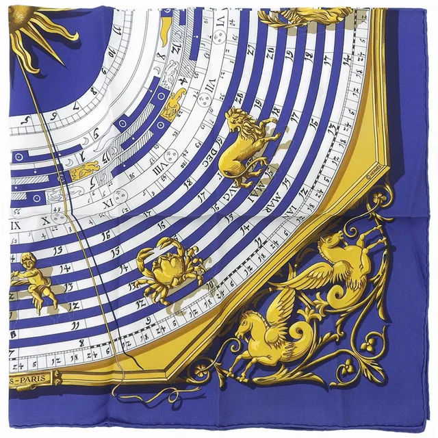 Hermès Carré 90 Dies et Hore Scarf Blue/White/Gold in White Silk from VINTAGE QOO TOKYO