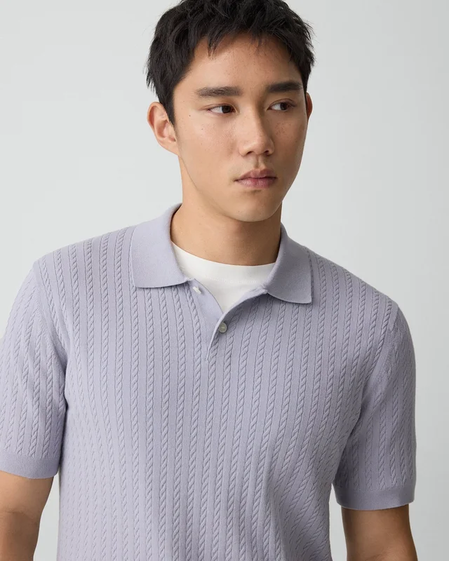 Theory Soris Cable-Knit Polo Shirt in Light Bilen in GRAY LILAC 62% Viscose, 38% Polyester; Exclusive Of Elastic, photo 4 of 12 from Theory