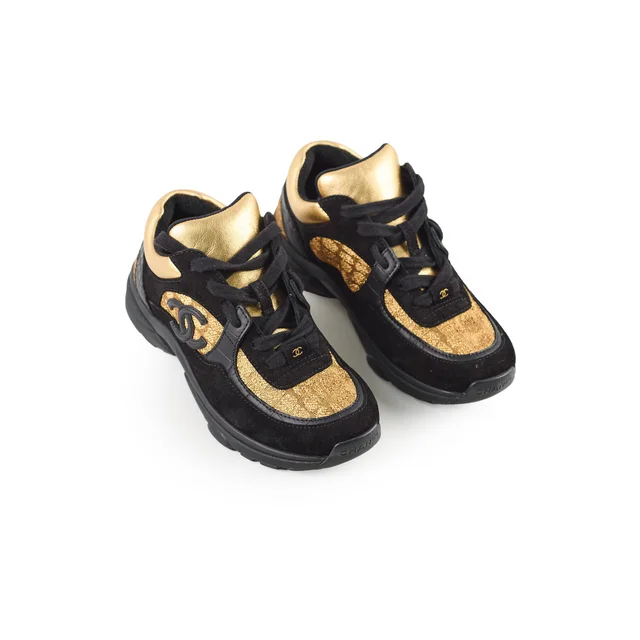 Chanel Leather Low Top Sneakers Black/Gold Size 34.5 in Black Suede from The Purse Affair