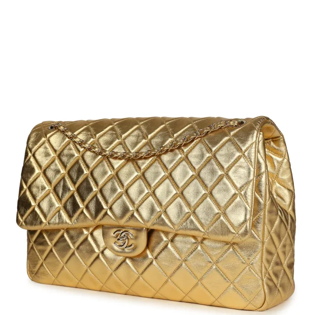 Chanel XXL Classic Single Flap Bag Gold Metallic Lambskin Light Gold Hardware in Gold Lambskin from Madison Avenue Couture, photo 1 of 1