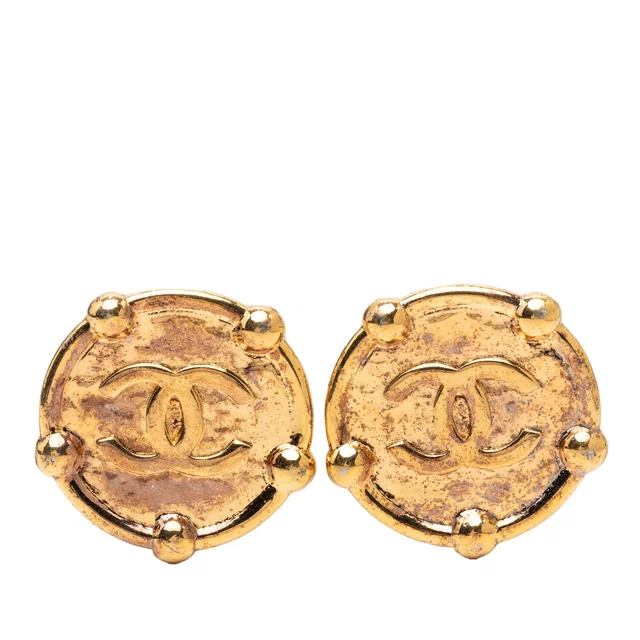 Gold Chanel CC Gold Plated Round Clip On Earrings in Gold from Designer Revival