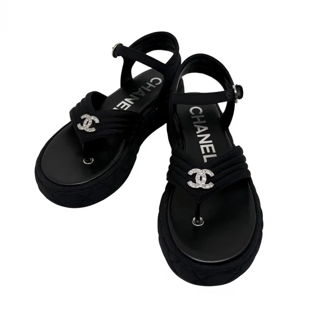 Chanel CC Logo Rhinestone Thong Sandals Black Grosgrain in Black Satin from The Reluxe