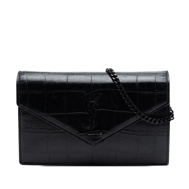 Black Saint Laurent Croc Embossed Leather Monogram Monochrome Envelope Chain Wallet Crossbody… in Black Crocodile from Designer Revival