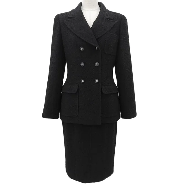 Chanel 1995 Wool CC Mark Button Setup #38 Black in Black Wool from VINTAGE QOO TOKYO