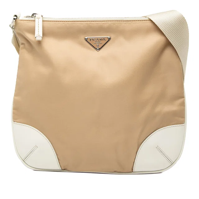 Beige Prada Leather Trimmed Tessuto Zip Top Crossbody in Beige Leather from Designer Revival