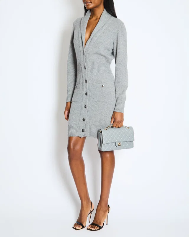 Chanel Grey Cashmere Long Cardigan with Silver CC Buttons Size FR 36 (UK 8) in Grey Cashmere from Sellier