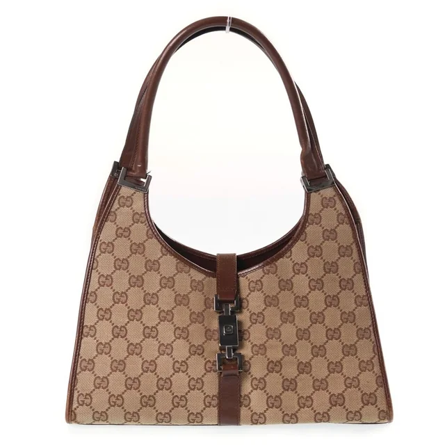 Gucci Jackie GG Canvas Handbag Beige Brown Leather Gold in Brown Canvas from The Reluxe
