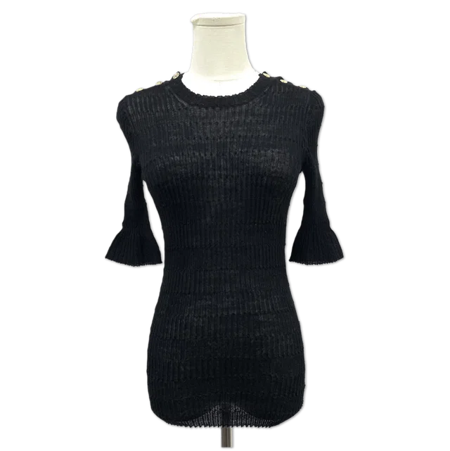 Chanel Black Ribbed Knit Button-Detail Top size 36 in Black from Luxury Promise