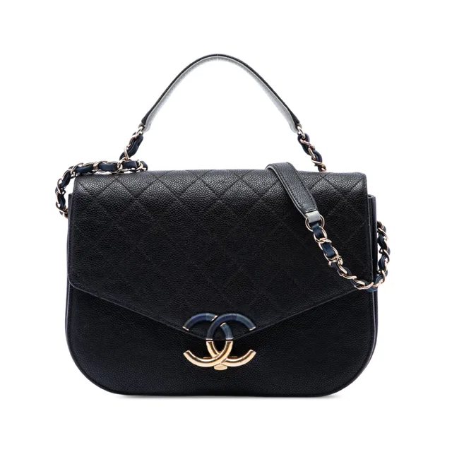 Black Chanel Paris Cuba Medium Quilted Caviar Thread Around Flap Satchel in Black Caviar leather from Designer Revival