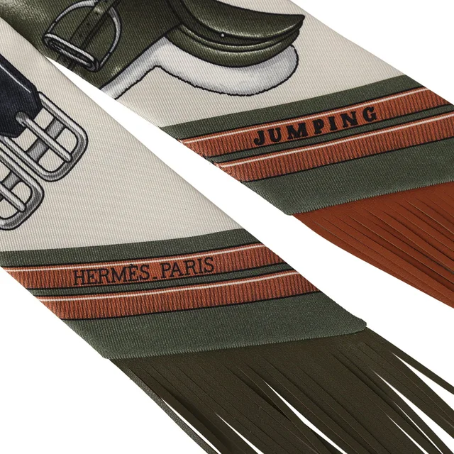 Hermès "Jumping Leather" Crème, Kaki and Beige Dore Fringe Silk Twilly in Beige Silk from Madison Avenue Couture, photo 3 of 4