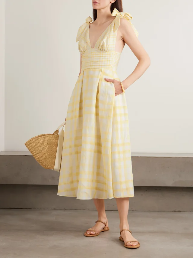 ROSIE ASSOULIN Bow-detailed checked Lyocell and linen-blend midi dress in Yellow, photo 2 of 2 from NET-A-PORTER (Canada)