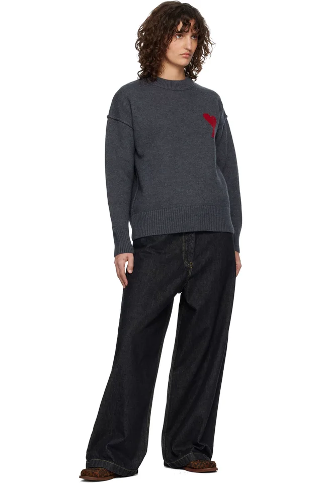 AMI Paris Gray Wool Crewneck Ami de Coeur Sweater, photo 4 of 4 from SSENSE