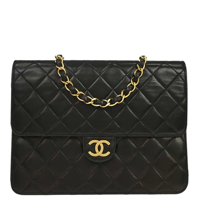 Chanel 1991-1994 Black Lambskin Pushlock Small Half Flap Shoulder Bag in Black Lambskin from AMORE Vintage Tokyo