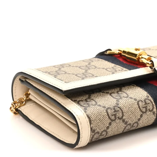 Gucci GG Supreme Monogram Textured Calfskin Web Jackie 1961 Chain Wallet Beige Ebony Mystic White in White Calfskin from FASHIONPHILE, photo 10 of 12