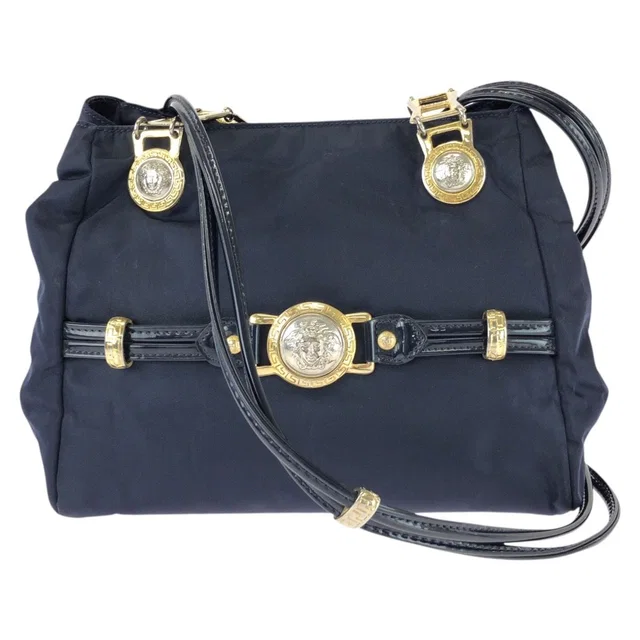 Versace Vintage Medusa Navy Gold Nylon Patent Shoulder Bag in Navy Patent leather from The Reluxe