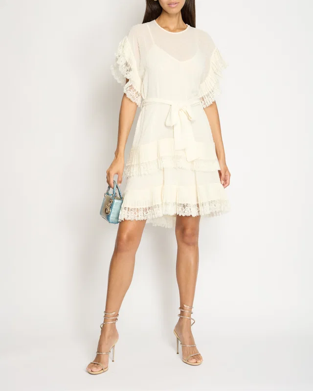 Zimmermann White Round Neck Tiered Midi Dress with Pleated Lace Trim Size 0 (UK 8) in White from Sellier