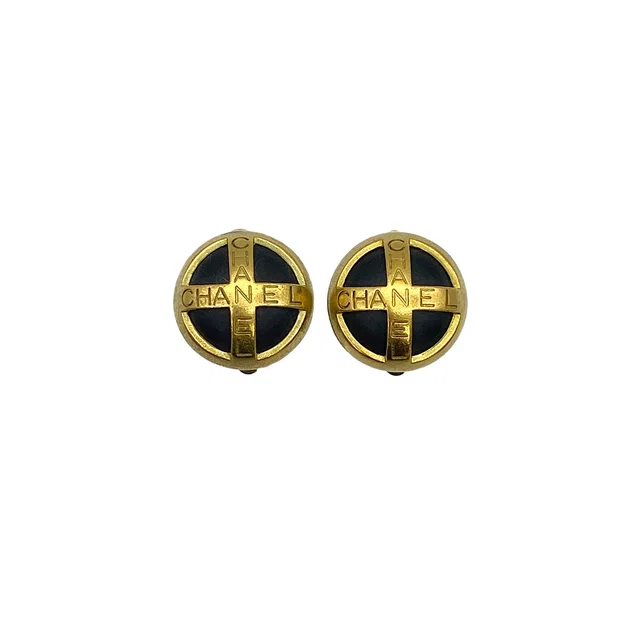 Chanel Vintage Earrings Round Logo Black Gold Accessory 94A in Black from Luxury Promise
